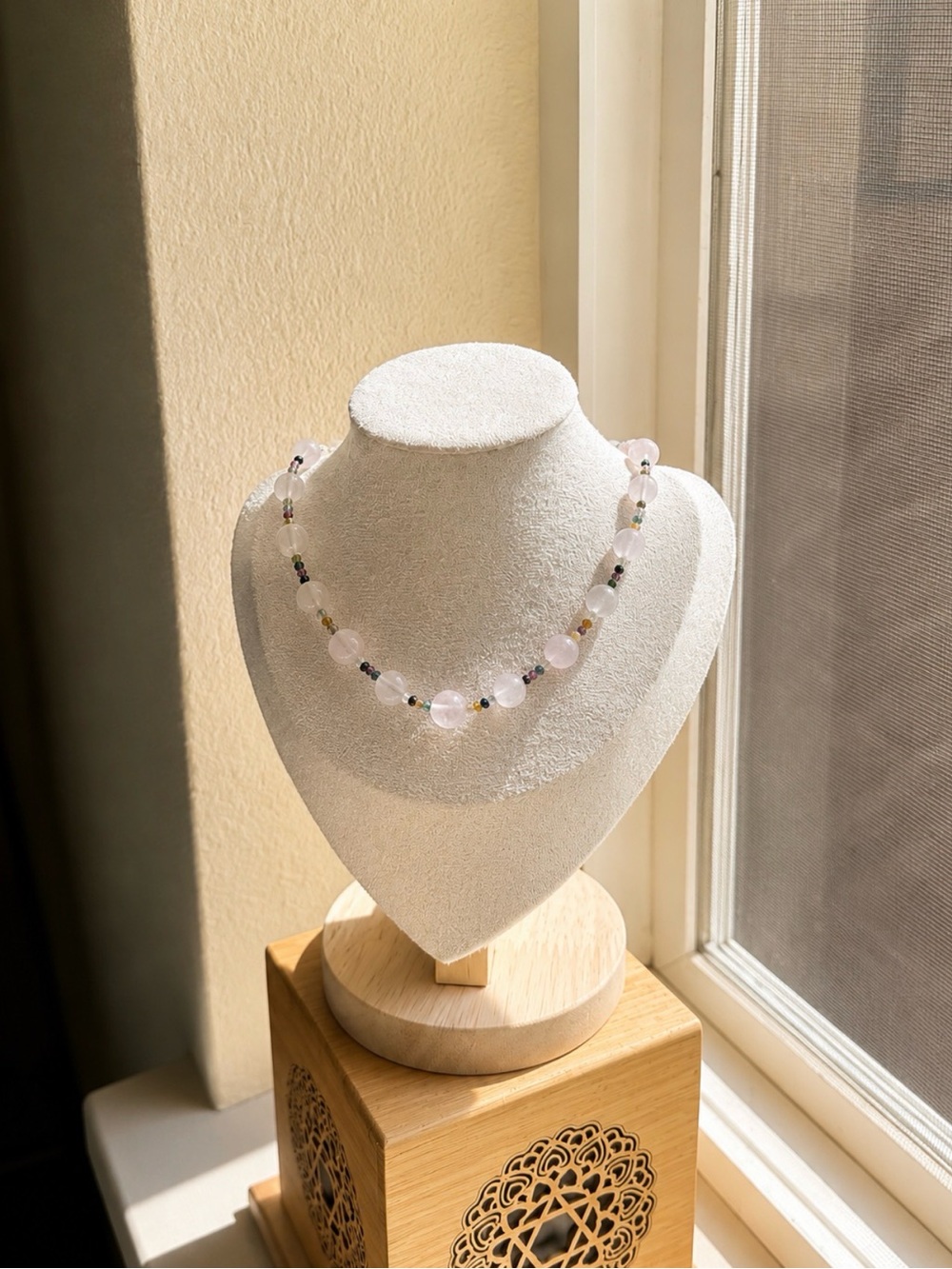 Rose Quartz & Tourmaline Beaded Necklace | Delicate Crystal Necklace